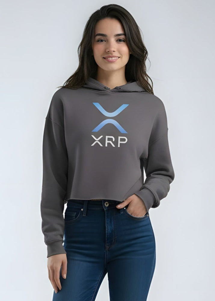 Person wearing a gray hoodie with XRP logo