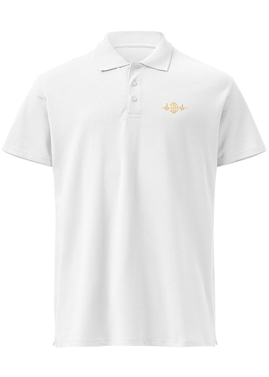 Bitcoin Pulse Polo white – front view (small chest heartbeat logo, Block Supply)
