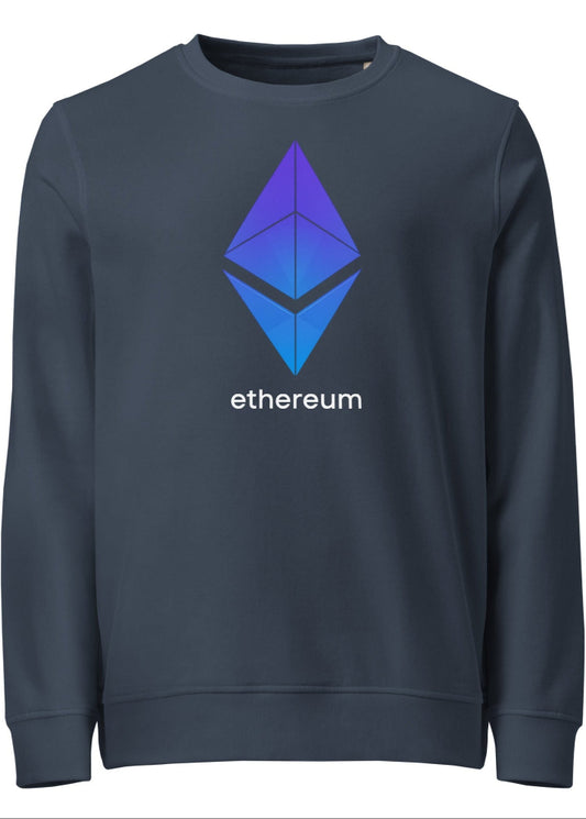 Ethereum Sweatshirt navy – front view (Block Supply, organic cotton crypto streetwear)