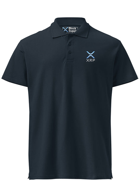 XRP Polo navy – front view (small chest logo, Block Supply)
