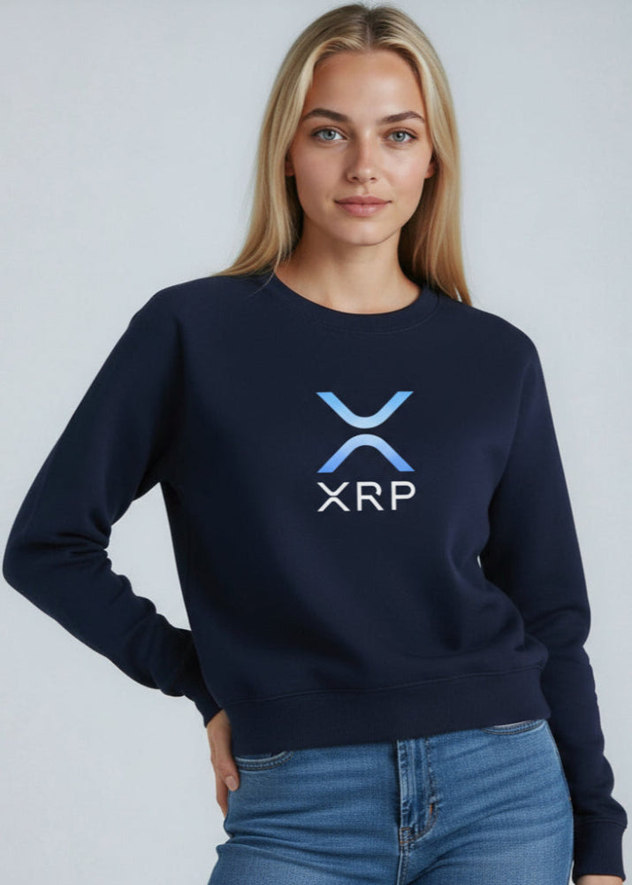 Model wearing XRP women’s eco sweatshirt navy – Ripple streetwear by Block Supply