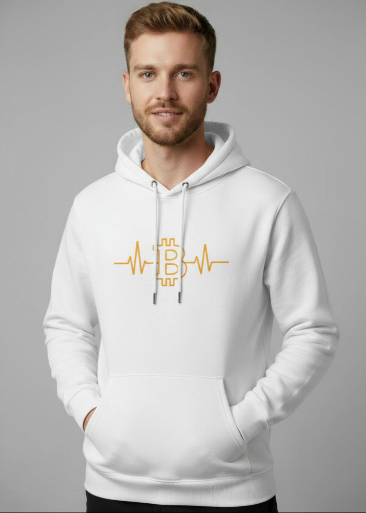 Model wearing white Bitcoin heartbeat eco hoodie – minimalist crypto fashion by Block Supply