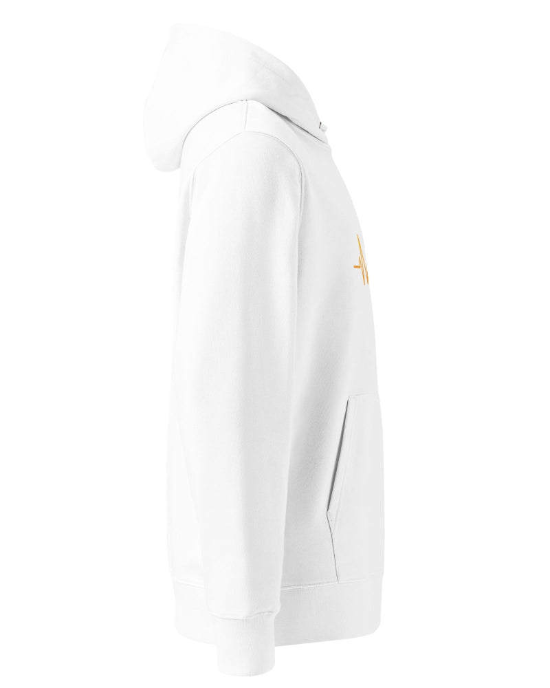 White Bitcoin heartbeat eco hoodie – organic cotton crypto streetwear by Block Supply (left side view)