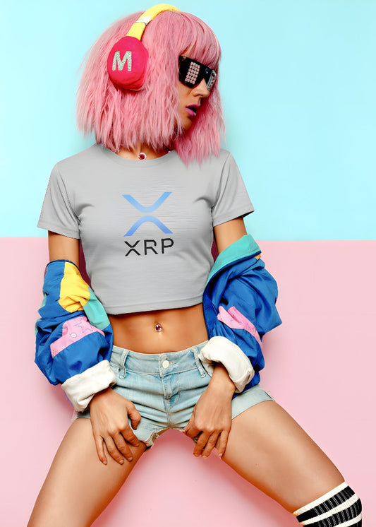 Person wearing a shirt with XRP logo on a pink and blue background