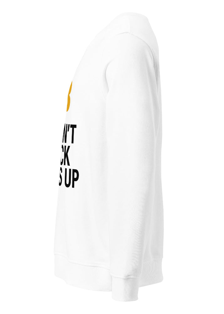 Side view of white Bitcoin crypto sweatshirt – premium organic streetwear