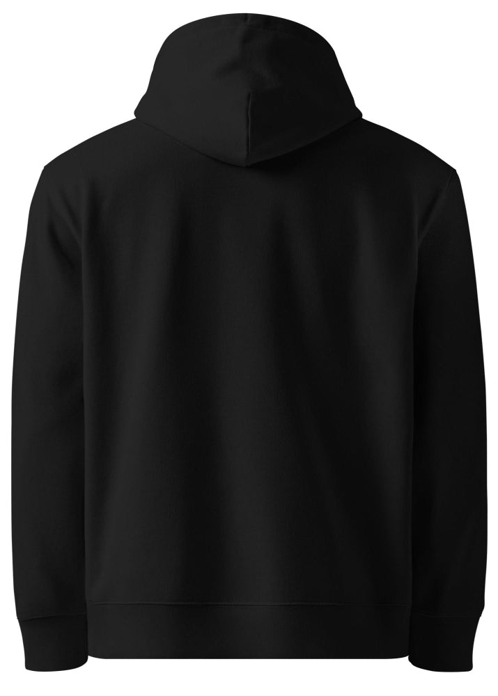 Black Bitcoin heartbeat eco hoodie – organic cotton crypto streetwear by Block Supply (back view)