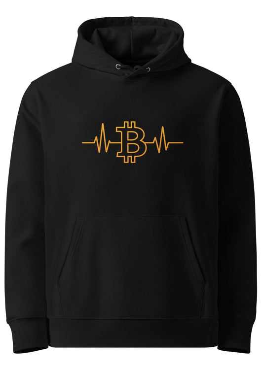 Black Bitcoin heartbeat eco hoodie – organic cotton crypto streetwear by Block Supply (front view)