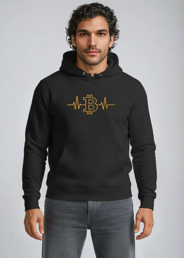 Model wearing black Bitcoin heartbeat eco hoodie – minimalist crypto fashion by Block Supply