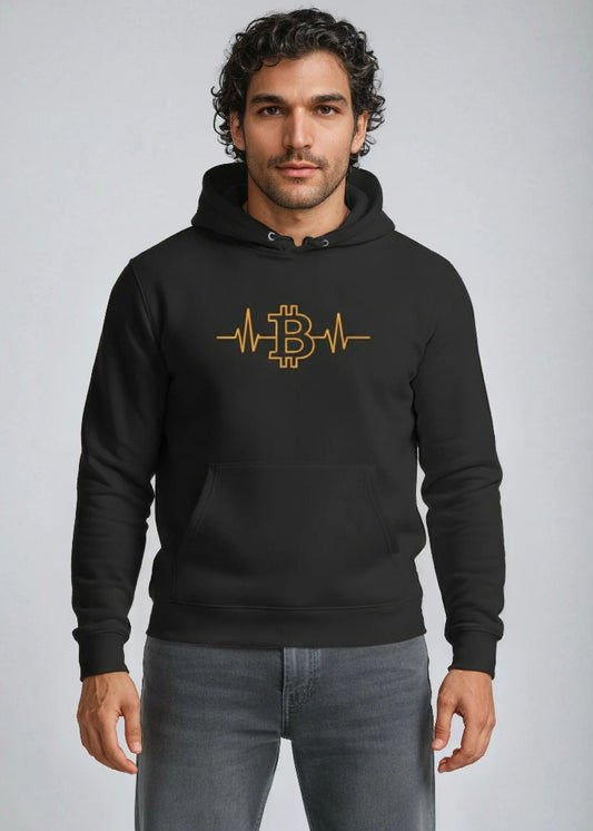 Model wearing black Bitcoin heartbeat eco hoodie – minimalist crypto fashion by Block Supply