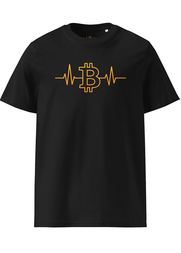 Bitcoin Heartbeat eco T-shirt black – front view (organic cotton, Block Supply)