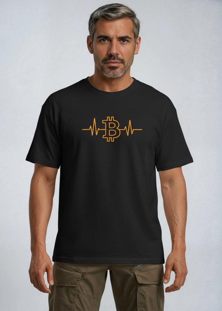 Model wearing Bitcoin Heartbeat eco T-shirt black – crypto streetwear by Block Supply