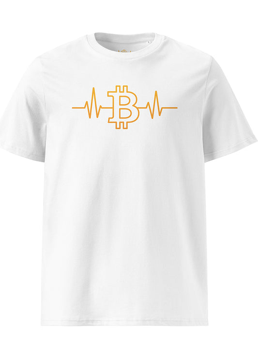 Bitcoin Heartbeat eco T-shirt white – front view (organic cotton, Block Supply)