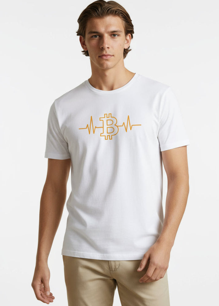 Model wearing Bitcoin Heartbeat eco T-shirt white – crypto streetwear by Block Supply