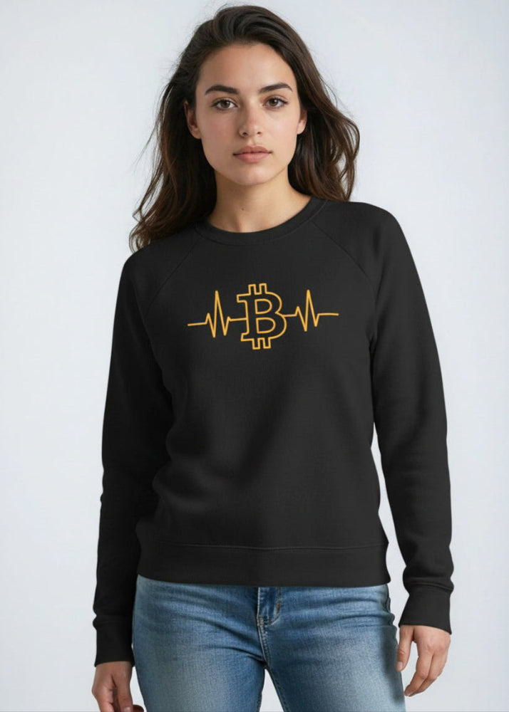 Model wearing Bitcoin Heartbeat women’s eco sweatshirt black – BTC streetwear by Block Supply