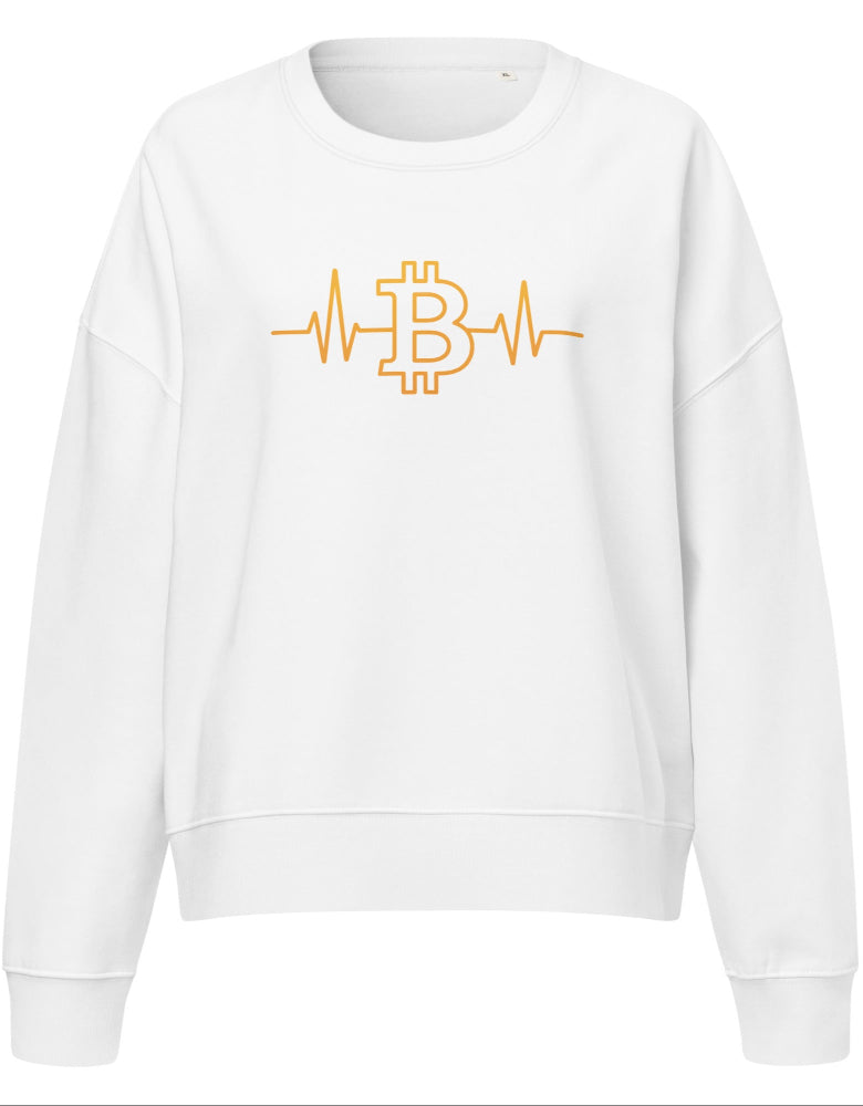 Bitcoin Heartbeat women’s eco sweatshirt white – organic crypto apparel (front)