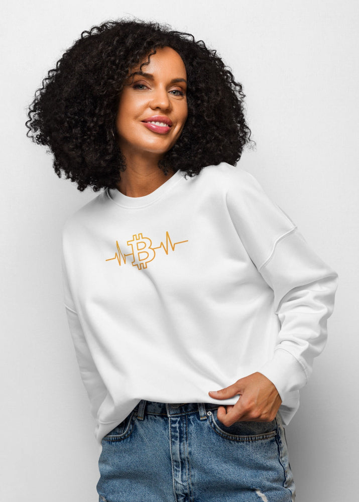 Model wearing Bitcoin Heartbeat women’s eco sweatshirt white – BTC streetwear by Block Supply