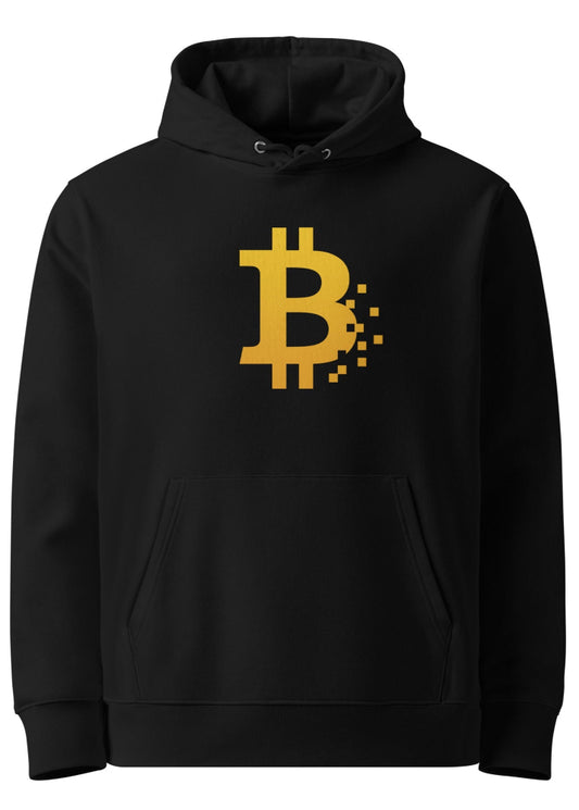 Black Bitcoin Pixel eco hoodie – organic cotton crypto streetwear by Block Supply (front view)