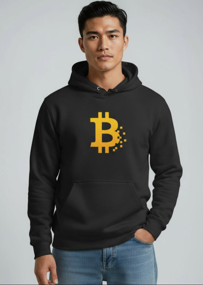 Model wearing black Bitcoin Pixel eco hoodie – minimalist crypto fashion by Block Supply