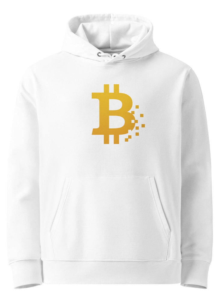 White Bitcoin Pixel eco hoodie – organic cotton crypto streetwear by Block Supply (front view)