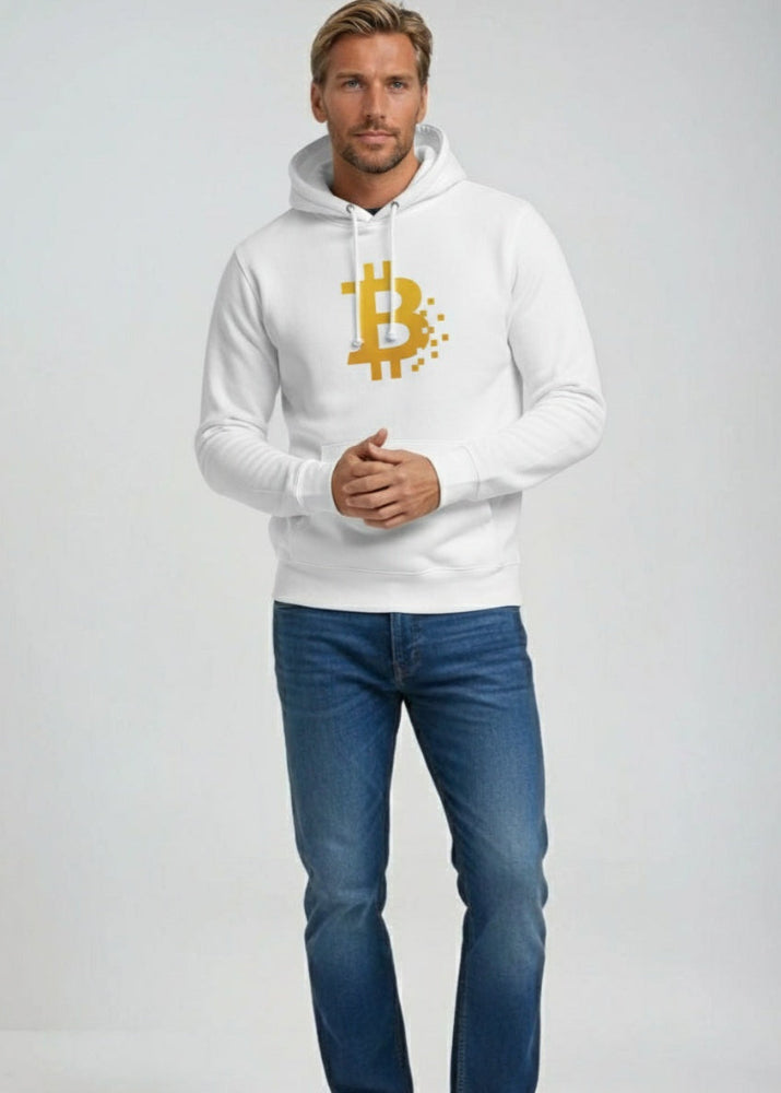 Model wearing white Bitcoin Pixel eco hoodie – minimalist blockchain fashion by Block Supply