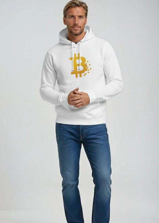 Model wearing white Bitcoin Pixel eco hoodie – minimalist blockchain fashion by Block Supply