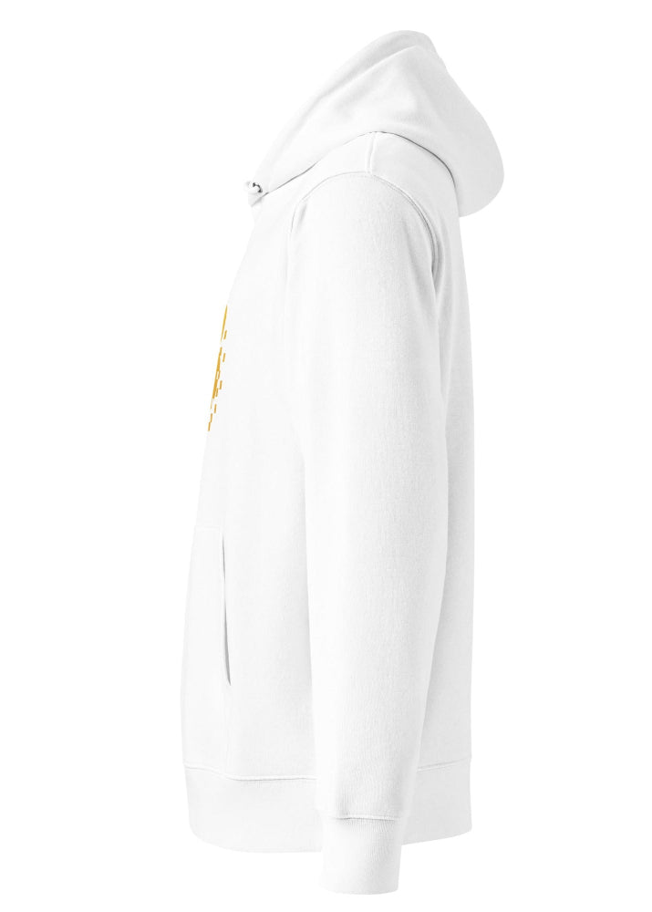 Side view of Bitcoin Pixel eco hoodie in white – eco-friendly crypto hoodie by Block Supply