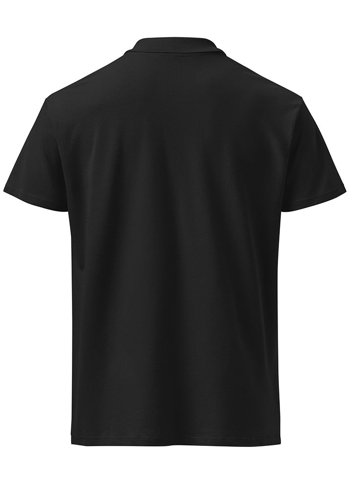 Bitcoin Pixel Polo black – front view (small chest logo, Block Supply)