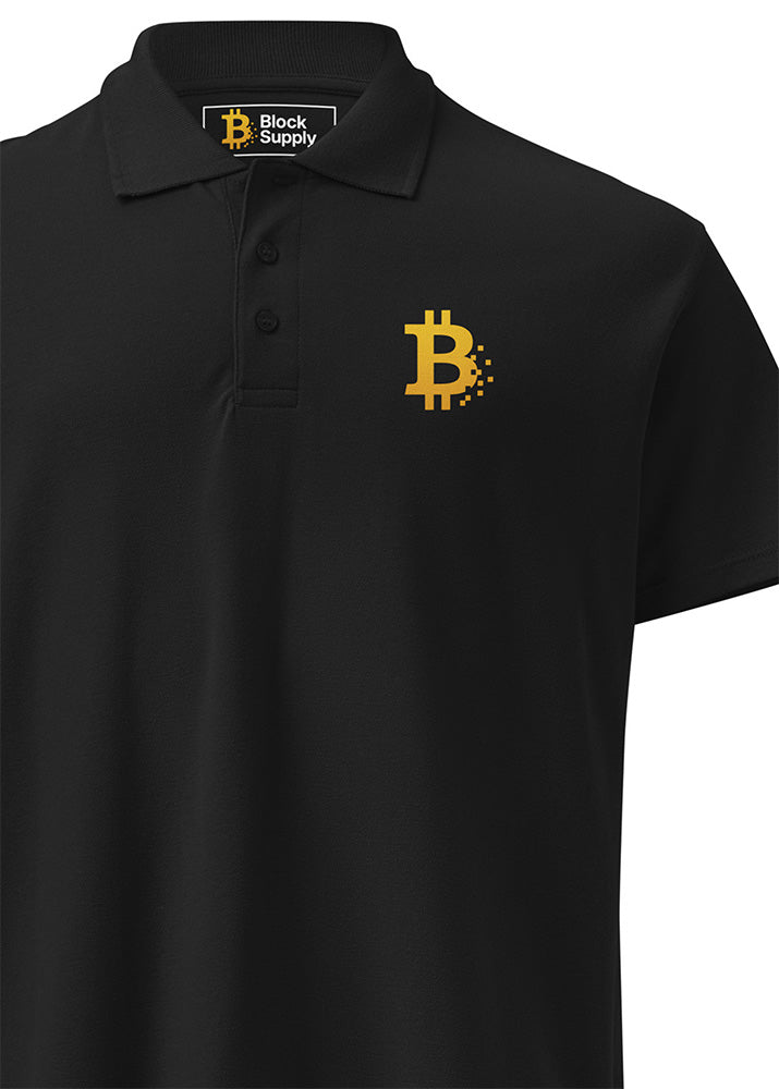 Bitcoin Pixel Polo black – front view (classic fit combed cotton)
