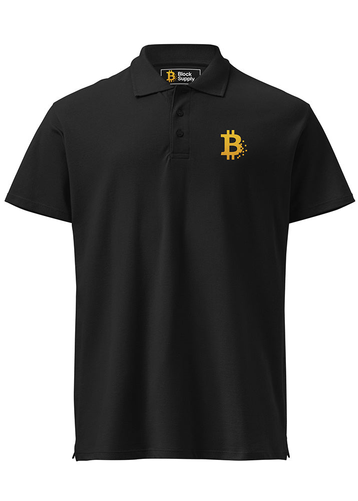 Bitcoin Pixel Polo black – front view (small chest logo, Block Supply)