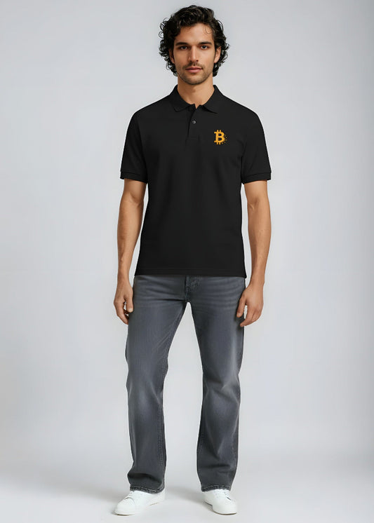 Model wearing Bitcoin Pixel Polo black – front view (clean crypto polo by Block Supply)