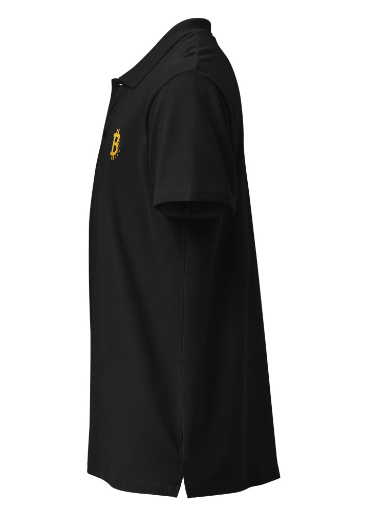 Bitcoin Pixel Polo black – side view 1 (tone-on-tone 3-button placket)