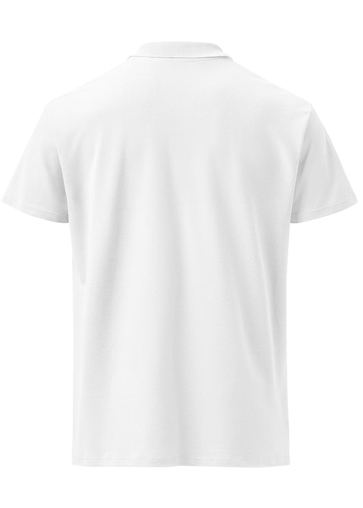 Bitcoin Pixel Polo white – front view (small chest logo, Block Supply)