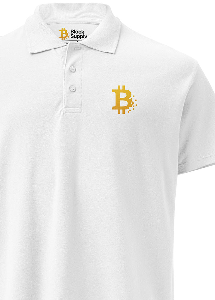 Bitcoin Pixel Polo white – close view (classic fit combed cotton)