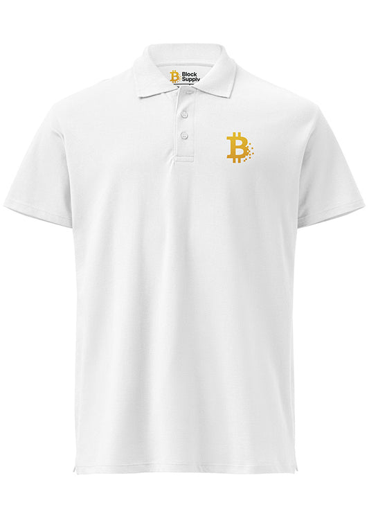 Model wearing Bitcoin Pixel Polo white – front view (clean crypto polo by Block Supply)