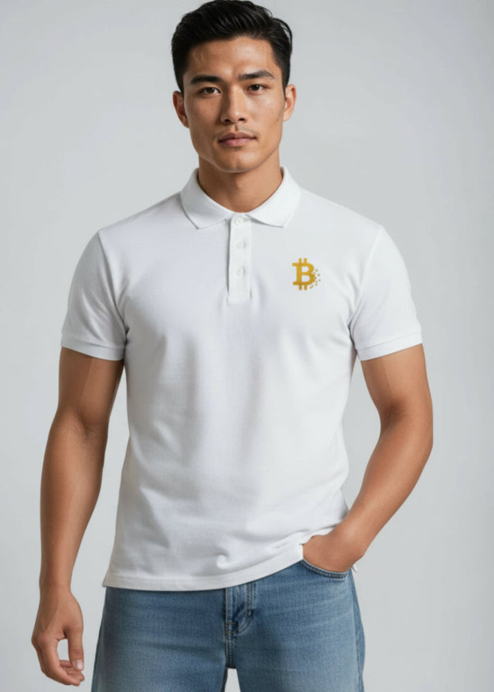 Model wearing Bitcoin Pixel Polo white – front view (clean crypto polo by Block Supply)