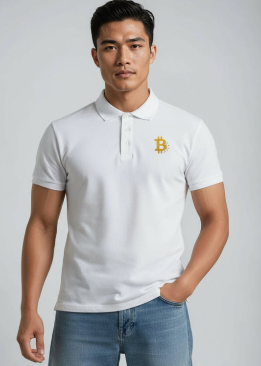 Model wearing Bitcoin Pixel Polo white – front view (clean crypto polo by Block Supply)