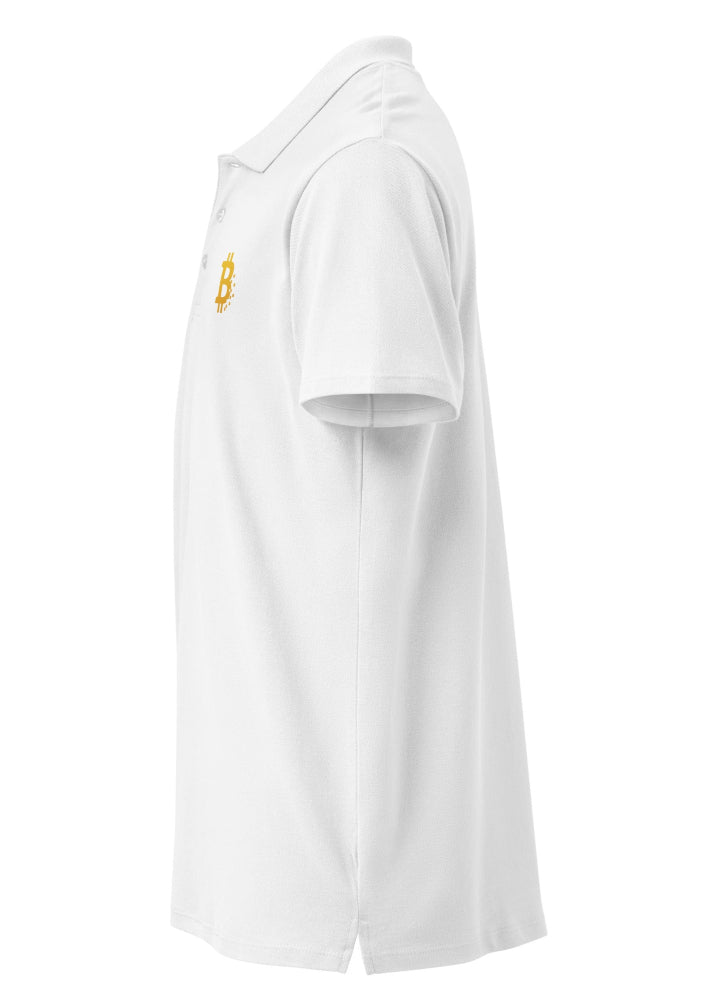 Bitcoin Pixel Polo white – side view 1 (tone-on-tone 3-button placket)