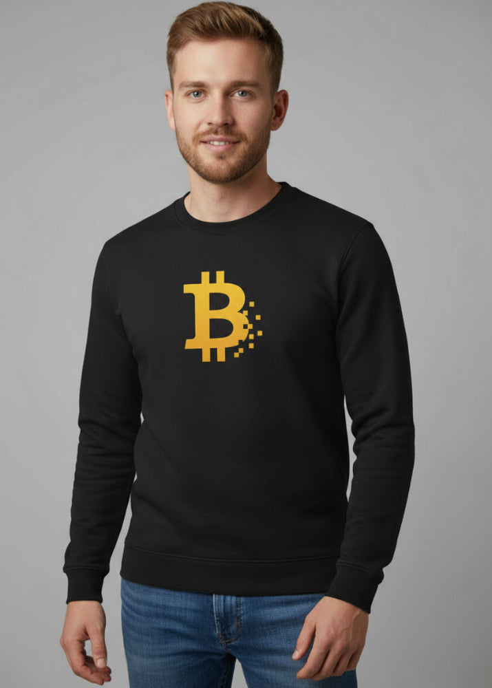 Model wearing Bitcoin Pixel Sweatshirt black – front view (minimalist BTC fashion by Block Supply)