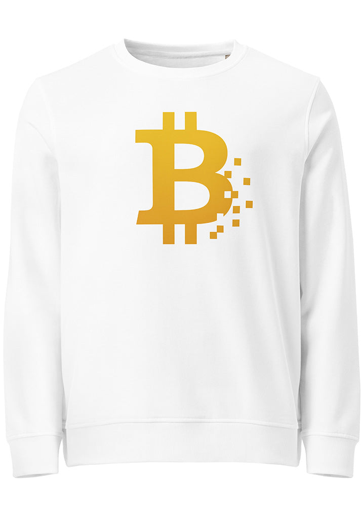 Bitcoin Pixel Sweatshirt white – front view (Block Supply, organic cotton crypto streetwear)