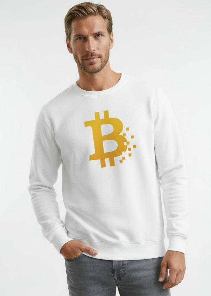Model wearing Bitcoin Pixel Sweatshirt white – front view (minimalist BTC fashion by Block Supply)