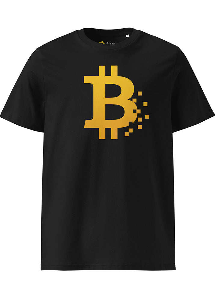 Bitcoin Pixel eco T-shirt black – front view (organic cotton, Block Supply)