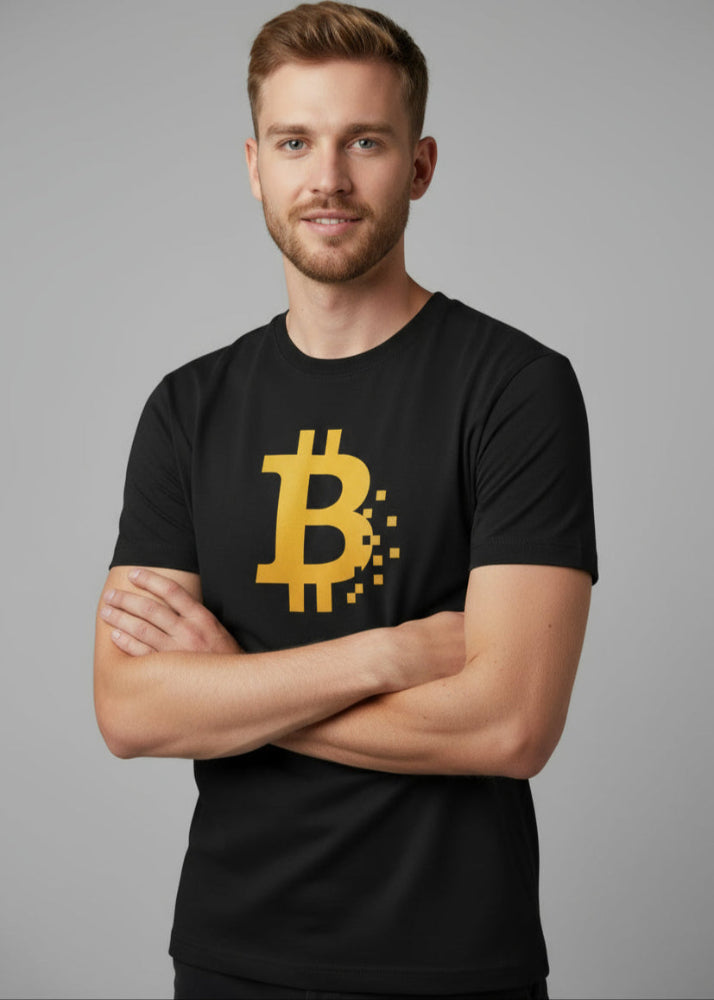 Model wearing Bitcoin Pixel eco T-shirt black – crypto streetwear by Block Supply