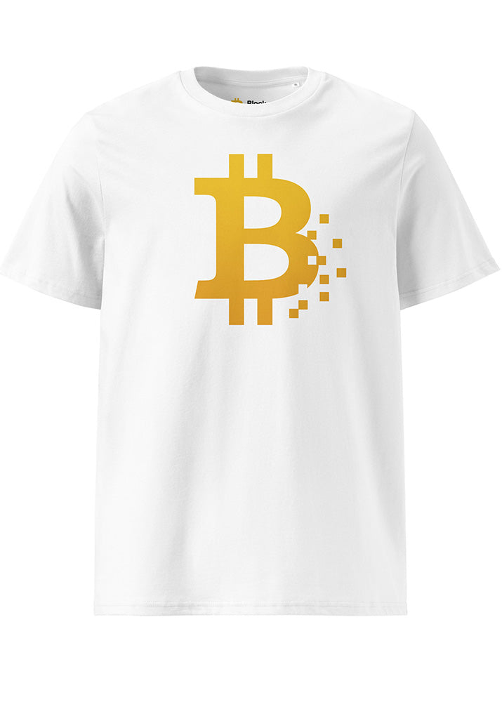 Bitcoin Pixel eco T-shirt white – front view (organic cotton, Block Supply)