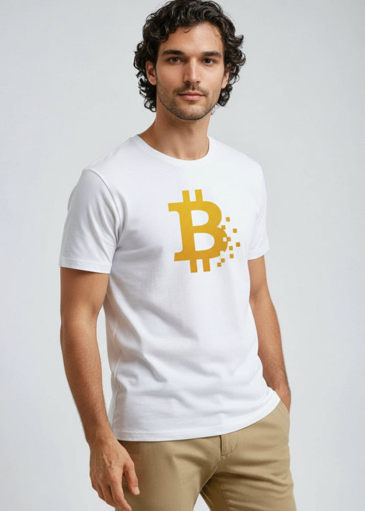 Model wearing Bitcoin Pixel eco T-shirt white – crypto streetwear by Block Supply