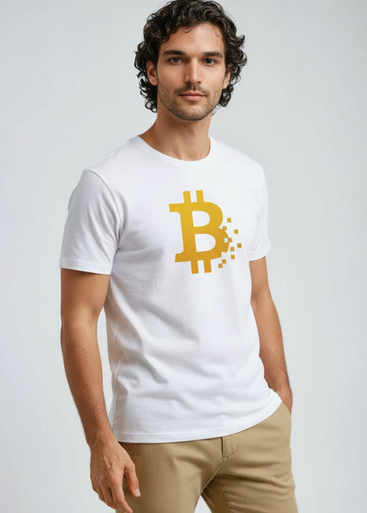 Model wearing Bitcoin Pixel eco T-shirt white – crypto streetwear by Block Supply