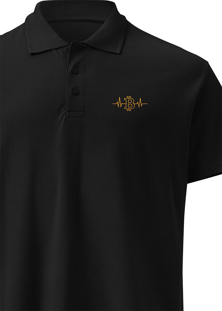 Bitcoin Pulse Polo black – closeview (classic fit combed cotton polo)