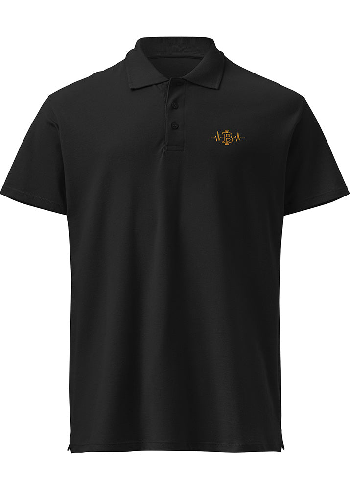 Bitcoin Pulse Polo black – front view (small chest heartbeat logo, Block Supply)