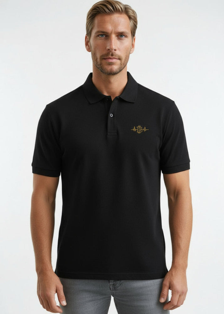 Model wearing Bitcoin Pulse Polo black – front view (clean crypto polo by Block Supply)