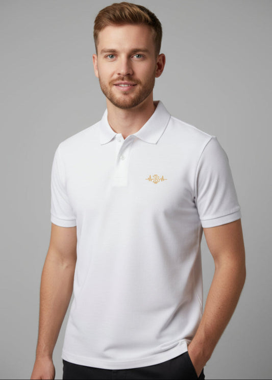 Model wearing Bitcoin Pulse Polo white – front view (clean crypto polo by Block Supply)