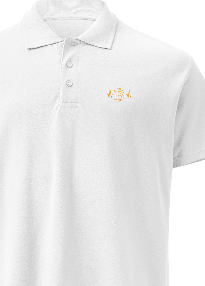 Bitcoin Pulse Polo white – cose view (classic fit combed cotton)